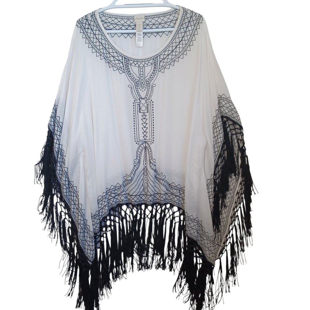 Chicos Poncho White Black Embroidered Fringe Boho Topper Women Small Medium